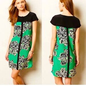Maeve Anthropologie Ayame Green Floral Print Cap Sleeve Silk Dress